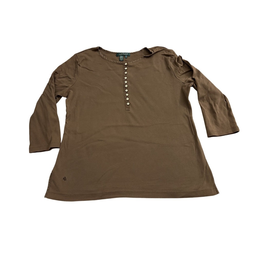 Lauren Ralph Lauren Henley Top Womens L Brown Excellent 3/4 Sleeve Ribbed Cotton